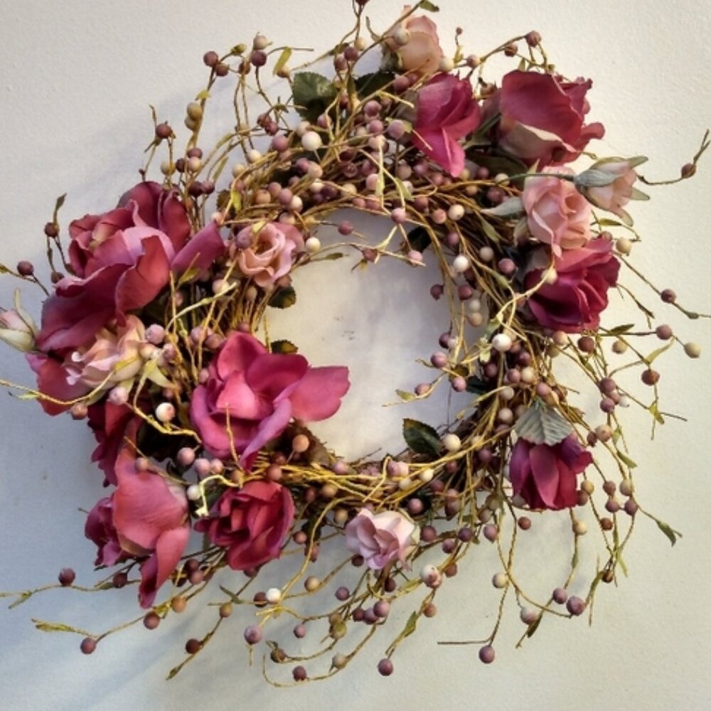 Maroon and Pink Roses and Berries Wreath